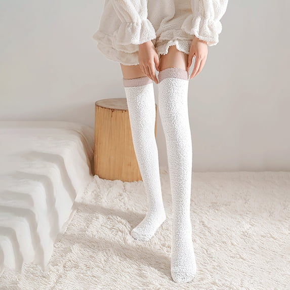 Ljudmp Women's Extra Long Thigh High Socks Over The Knee Fuzzy Stockings Contrast Color Cuff Stretch Boot Socks Coral Velvet Long Tube Floor Socks White