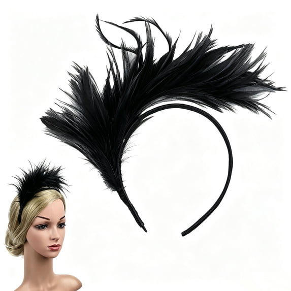 Ljudmp Women's Feather Headband 20s 50s Flapper Fancy Fascinator Hairband Tea Party Cocktail Wedding Party Headwear Hair Accessories Black