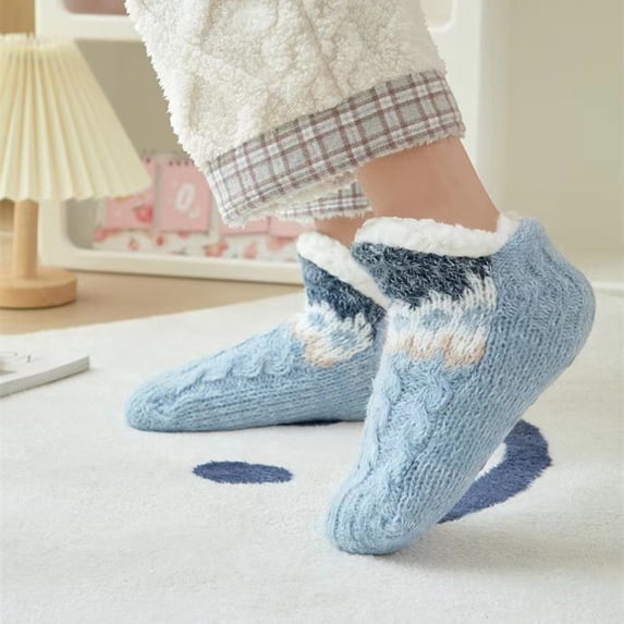 Ljudmp Women's Fleece Lined Slipper Socks Thick Knit Winter Thermal Sleep Socks Non-Slip Gripper Indoor Floor Sleeping Socks Blue