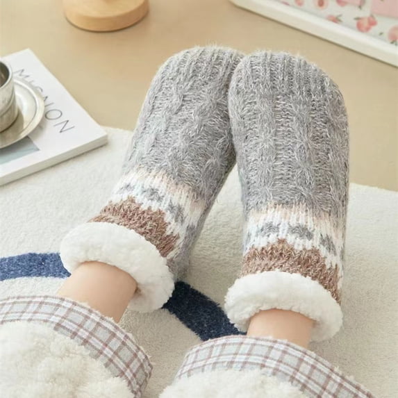 Ljudmp Women's Fleece Lined Slipper Socks Thick Knit Winter Thermal Sleep Socks Non-Slip Gripper Indoor Floor Sleeping Socks Grey