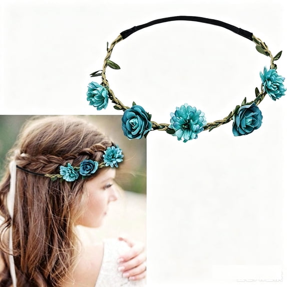 Ljudmp Women's Floral Headpieces Collection Accessories Adjustable Boho Hair Wreaths Flower Crowns Tiaras for Brides Bridesmaids B2 Blue