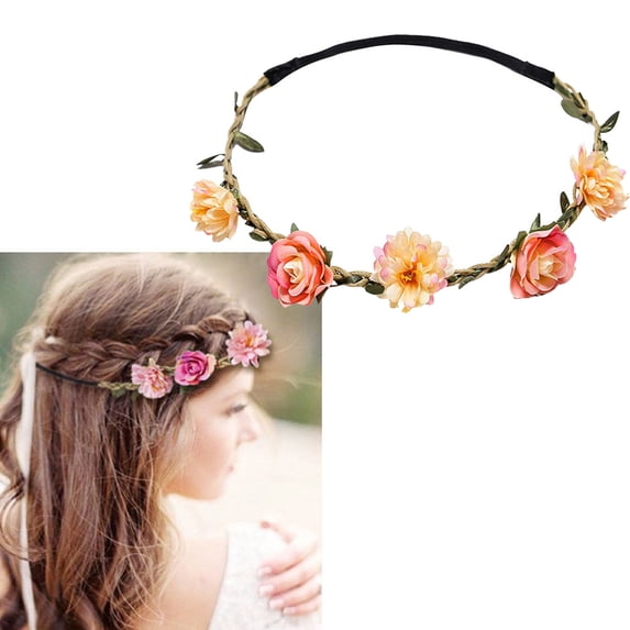 Ljudmp Women's Floral Headpieces Collection Accessories Adjustable Boho Hair Wreaths Flower Crowns Tiaras for Brides Bridesmaids B2 Orange