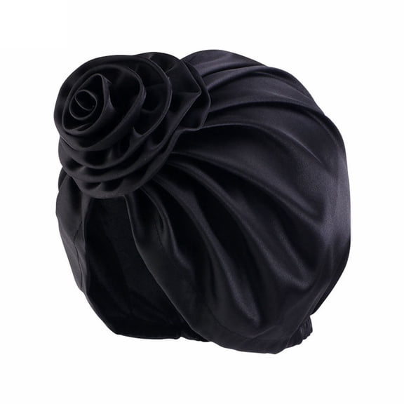Ljudmp Women's Front Forehead Flower Chemo Headscarf Satin Pre-Tied Muslim Headwrap Hijab Cancer Turban Hat for Hair Loss Hair Cover Headwear Black