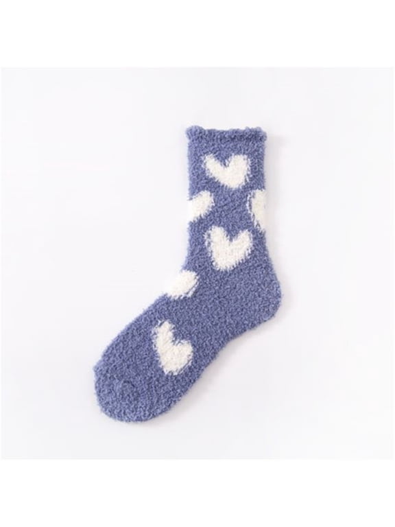 Women's Fuzzy Heart Pattern Crew Socks Thick Plush Winter Warm Thermal Sleep Socks Coral Fleece Mid Tube Socks,US Sizes 6-11 Blue