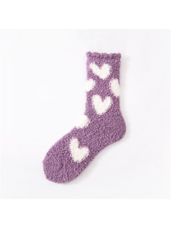 Women's Fuzzy Heart Pattern Crew Socks Thick Plush Winter Warm Thermal Sleep Socks Coral Fleece Mid Tube Socks,US Sizes 6-11 Purple