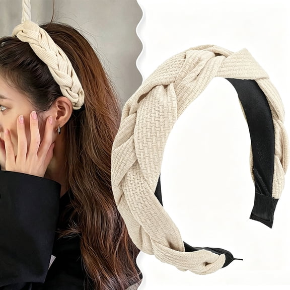 Ljudmp Women's High Cranial Top Flannel Twist Braid Wide Headband Padded Hair Hoop Turban Hairbands Non-Slip Headwear Headdress Beige