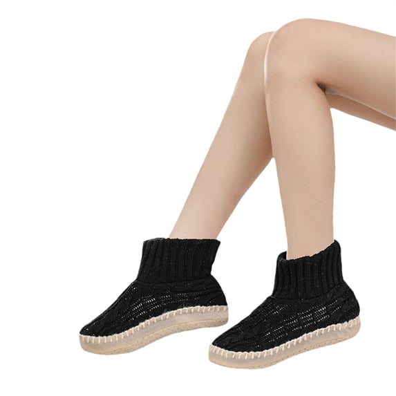 Ljudmp Women's Knit Slipper Socks Non-Slip Rubber Sole Cozy Cable Knit Soft Fleece-Lined Bootie Thick Warm Winter Indoor Shoes Black