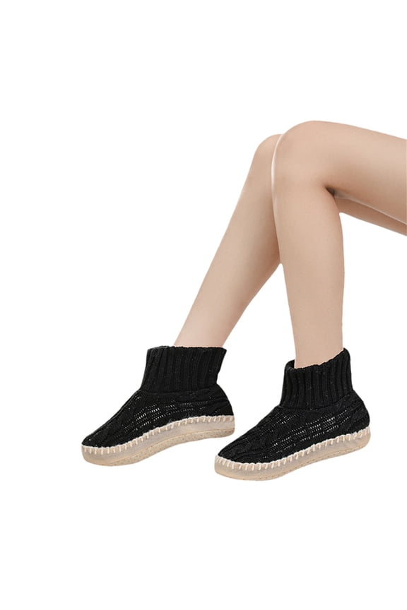 Women's Knit Slipper Socks Non-Slip Rubber Sole Cozy Cable Knit Soft Fleece-Lined Bootie Thick Warm Winter Indoor Shoes Black