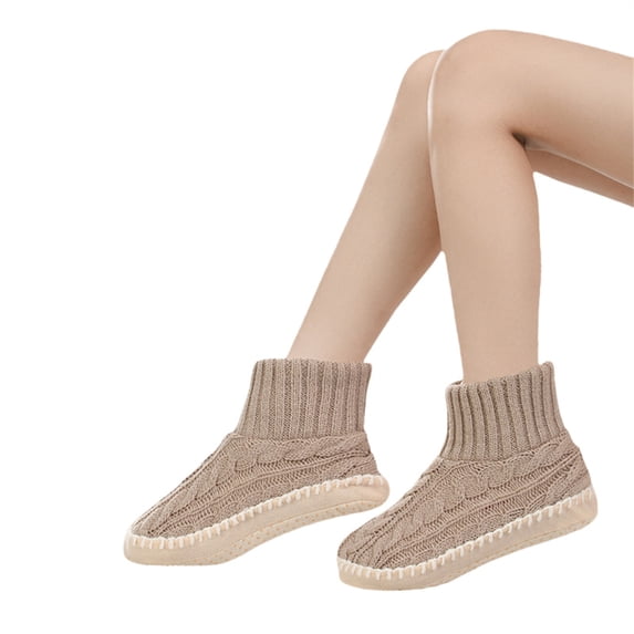 Ljudmp Women's Knit Slipper Socks Non-Slip Rubber Sole Cozy Cable Knit Soft Fleece-Lined Bootie Thick Warm Winter Indoor Shoes Khaki