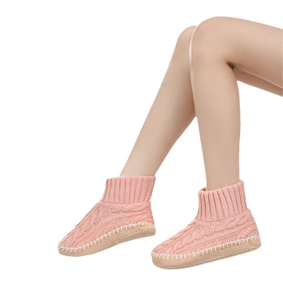 Ljudmp Women's Knit Slipper Socks Non-Slip Rubber Sole Cozy Cable Knit Soft Fleece-Lined Bootie Thick Warm Winter Indoor Shoes Pink