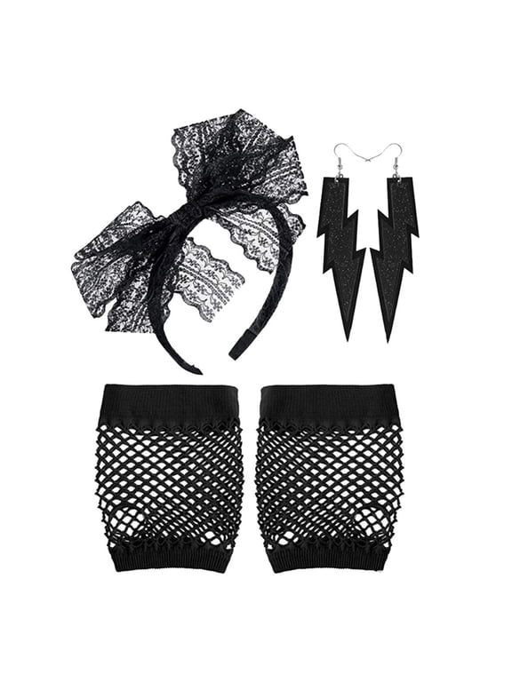 Women's Lace Headband Neon Earrings Fishnet Gloves 3 Pieces Set for 80s Retro Party Fancy Dress Theme Role-Playing Black