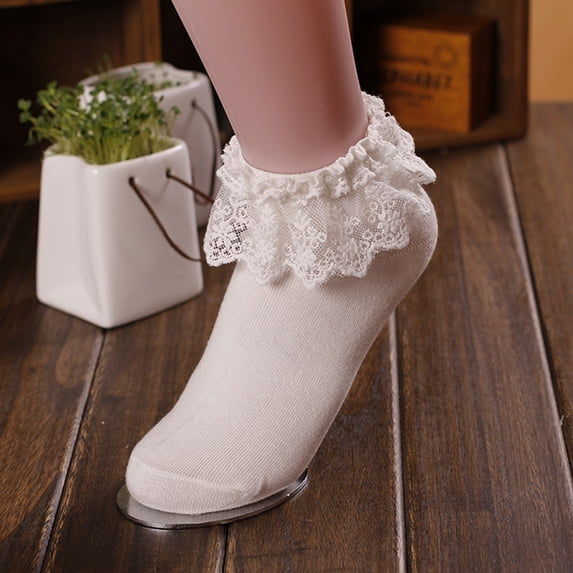 Ljudmp Women's Lace Ruffle Ankle Socks Cute Frilly Sheer Trim Short Socks Casual Dress Daily Wear Cotton Socks Beige