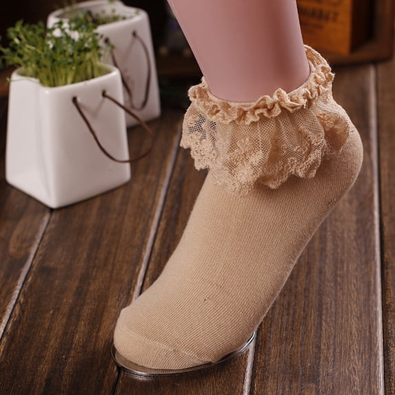 Ljudmp Women's Lace Ruffle Ankle Socks Cute Frilly Sheer Trim Short Socks Casual Dress Daily Wear Cotton Socks Khaki