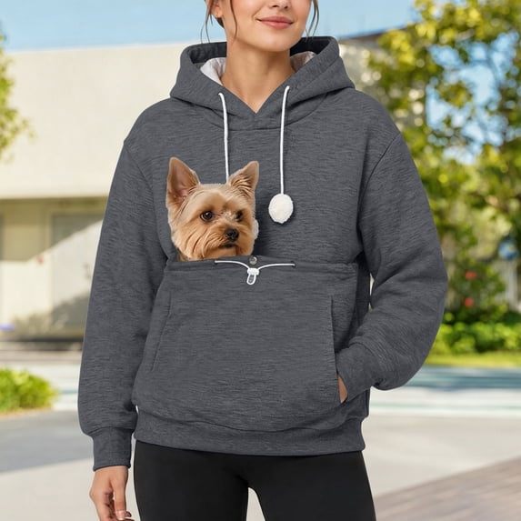 Ljudmp Women's Men's Cat Dog Pouch Hoodie Large Pet Pouch Sweatshirt Puppy Kitten Holder Carrier Long Sleeve Pullover Shirt Unisex Hooded Tops Dark Gray S