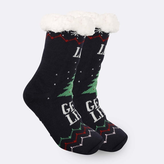 Ljudmp Women's Men's Christmas Graphic Print Slipper Fuzzy Socks Gripper Non Slip Thick Warm Winter Soft Knit Fleece Lined Indoor Floor Socks,Size 9-12 B1 Black