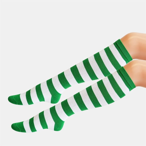 Ljudmp Women's Men's Christmas Knee High Sock Festive Xmas Costume Striped Socks Long Stocking For Unisex Christmas GiftsA1 Green&White