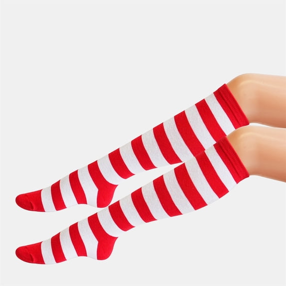 Ljudmp Women's Men's Christmas Knee High Sock Festive Xmas Costume Striped Socks Long Stocking For Unisex Christmas GiftsA1 Red&White