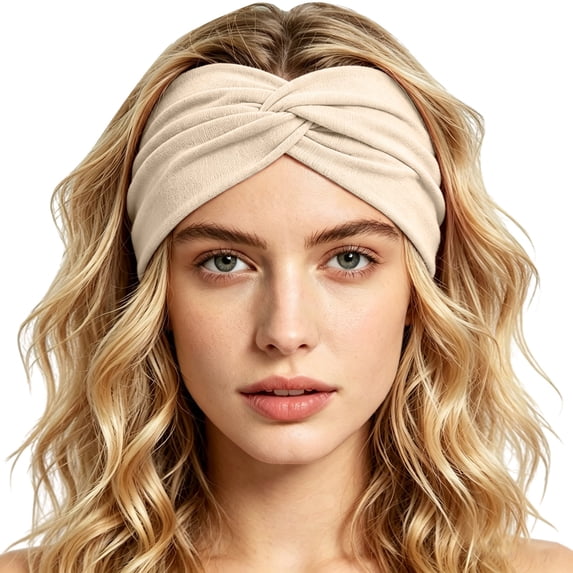 Ljudmp Women's Men's Extra Wide Headbands Soft Turban Twist Headband Stretchy Non Slip Workout Yoga Hair Band Beige