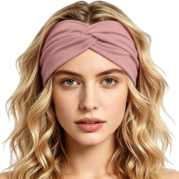 Ljudmp Women's Men's Extra Wide Headbands Soft Turban Twist Headband Stretchy Non Slip Workout Yoga Hair Band Pink