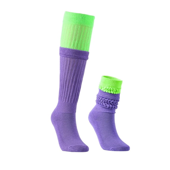 Ljudmp Women's Neon Contrast Color Ribbed Knit Mid Calf Socks Y2K Slouch Stackable Socks Knee-High Crew Stock Leg Warmers Purple