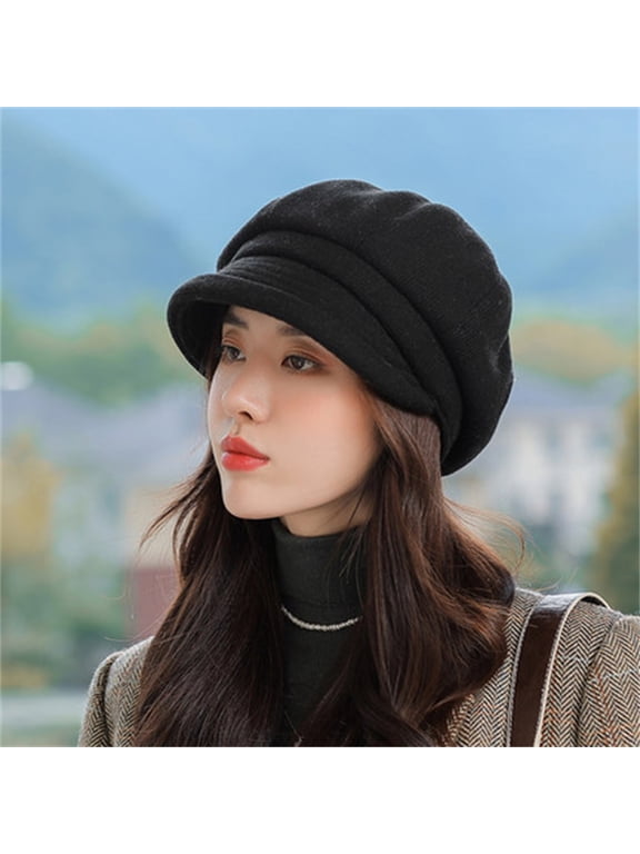 Women's Newsboy Cap Soft Warm Foldable Brim Knitted Beret Cabbie Hat for Winter Travel Everyday Outdoors Black