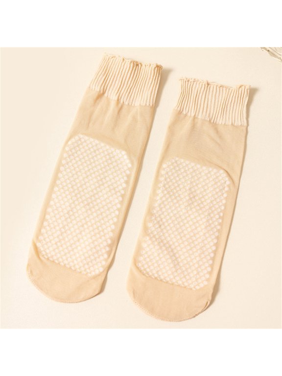 Women's Non-Slip Massage Bottom Ankle Socks Seamless Smooth Crew Socks Stretchy Ribbed Cuff Mid Tube Socks Beige
