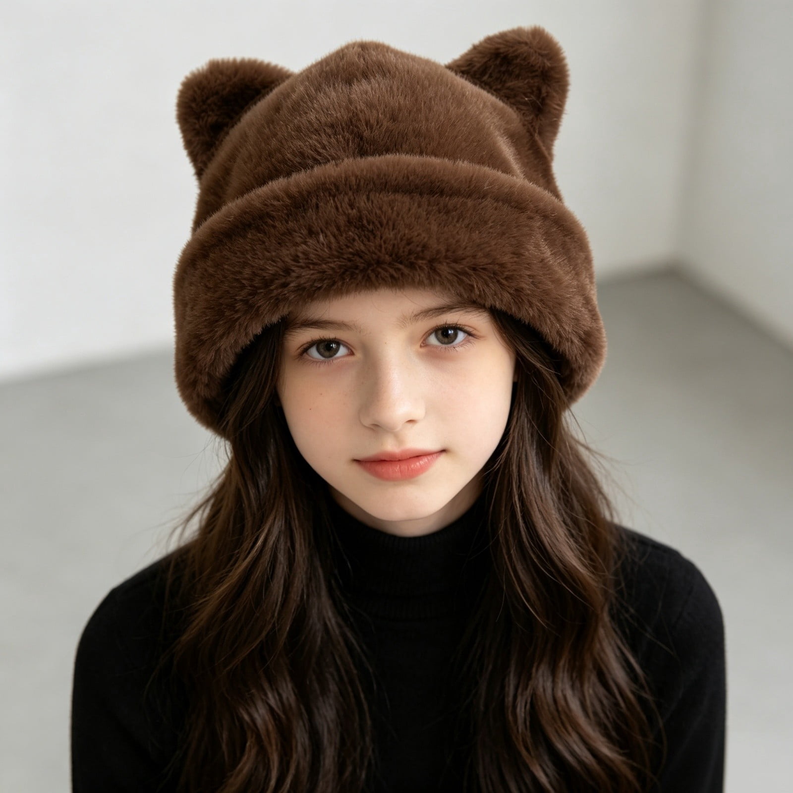 Ljudmp Women's Plush Cute Cat Ear Beanie Hat Fuzzy Warm Winter Bucket ...