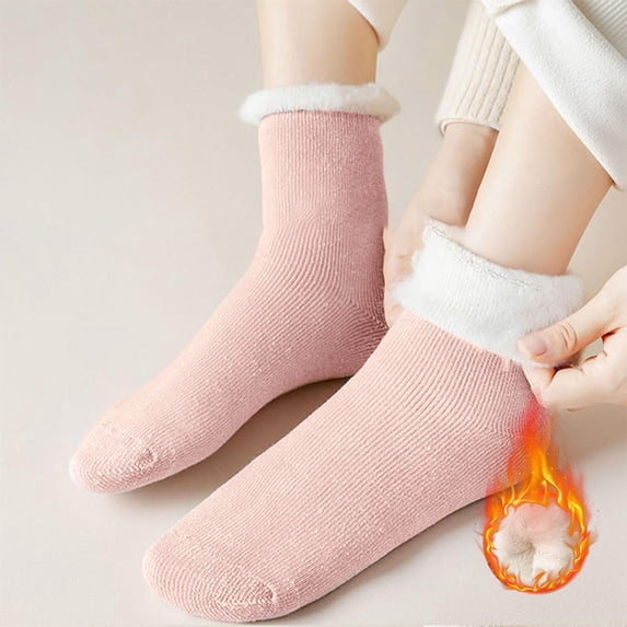 Ljudmp Women's Plush Lined Cuffed Mid Calf Cotton Socks Winter Warm Socks Thickened Crew Socks Cozy Fluffy Home Sleeping Floor Socks Pink
