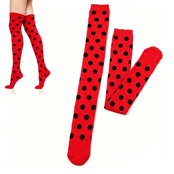 Ljudmp Women's Polka Dot Thigh High Socks Adult Girls Christmas Role Playing Party Festival Makeup Dress Up Over Knee Stocking Red&Black Dot