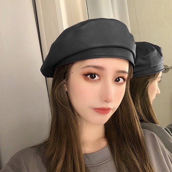 Ljudmp Women's Spring Fall Vintage Berets Casual Painter Artist Hat Leather French Elegant Plain Color Newsboy Cap Black