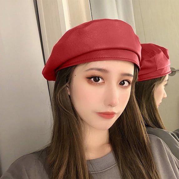 Ljudmp Women's Spring Fall Vintage Berets Casual Painter Artist Hat Leather French Elegant Plain Color Newsboy Cap Wine