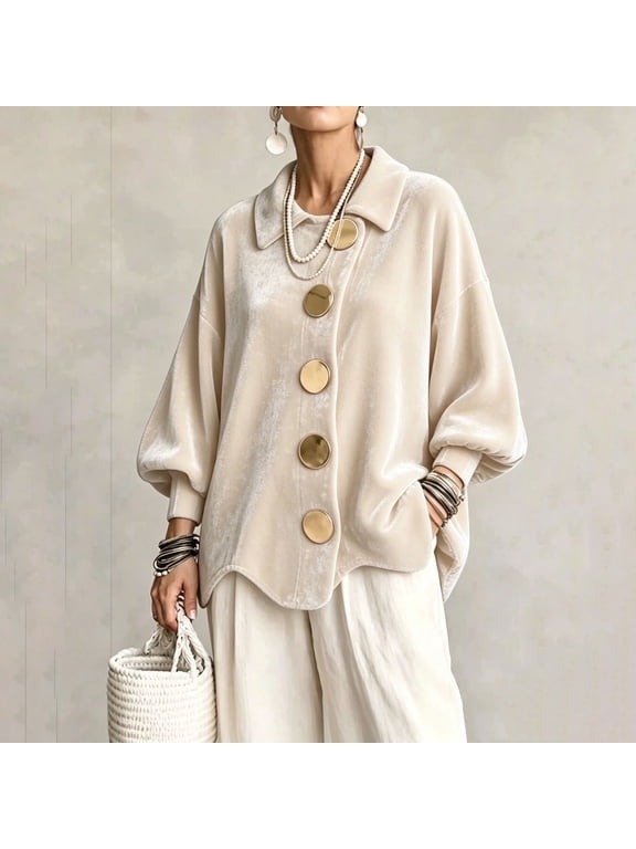 Women's Velvet Jacket Lapel Oversized Coat With Big Decorative Gold Buttons Lantern Long Sleeve Casual Coat Outerwear Beige S