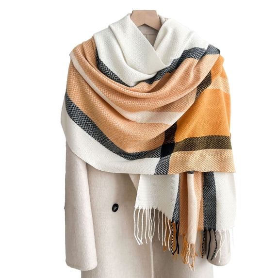 Ljudmp Womens Autumn Winter Scarf Fringed Plaid Scarf Warm Soft Chunky Large Blanket Wrap Shawl Scarves Cold-weather Color Block Neck Wrapping Head Scarf Yellow