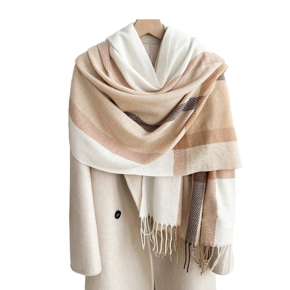 Ljudmp Womens Autumn Winter Scarf Fringed Plaid Scarf Warm Soft Chunky Large Blanket Wrap Shawl Scarves Cold-weather Color Block Neck Wrapping Head Scarf Khaki