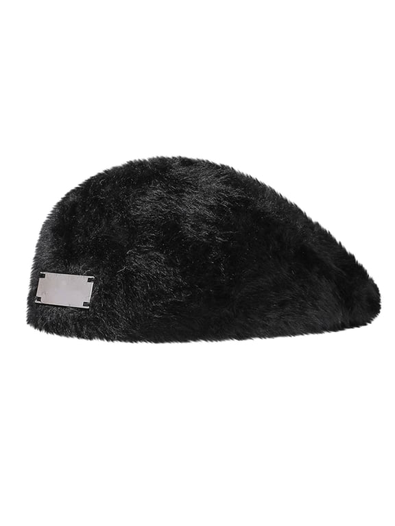Womens Beret Hat Cozy Beanie Cap Classic Plain Color Autumn Winter Cold Weather Fuzzy Plush Warm Newsboy Flat Cap Black