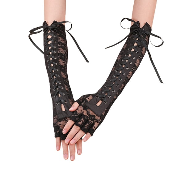 Ljudmp Womens Breathable Lace Fingerless Long Gloves Gothic Corset Lace-up Arm Warmers Gloves For Party Photo Props Costume Black