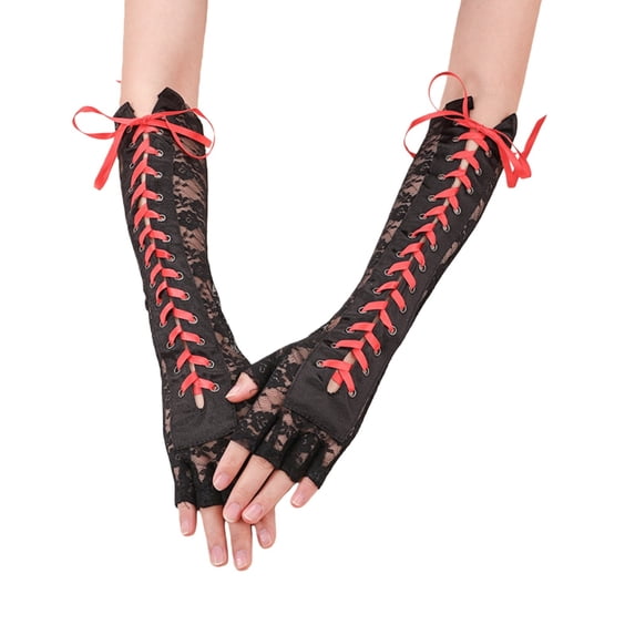 Ljudmp Womens Breathable Lace Fingerless Long Gloves Gothic Corset Lace-up Arm Warmers Gloves For Party Photo Props Costume Red