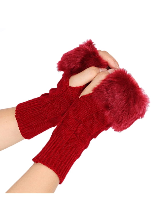 Womens Cable Knit Fingerless Gloves Furry Plush Cuff Thermal Knitted Half Finger Mittens Winter Warm Hand Warmers Half Finger Wrist Warmers with Thumb Hole Red