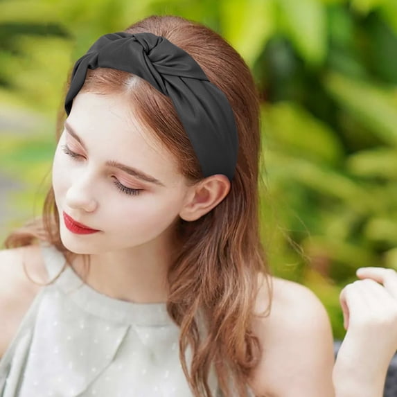 Ljudmp Womens Cute Faux Leather Twist Knotted Headband Top Knot Hair Hoop Plain Color, Non Slip Wide Trendy Hair Band Hair Accessories Black