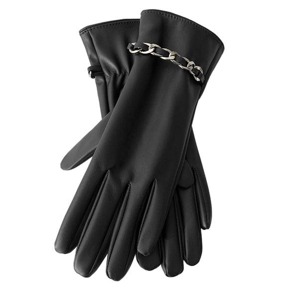 Ljudmp Womens Faux Leather Winter Touch Screen Gloves Metal Chain Buckle Decor Thermal Dress Gloves for Driving Commuting Cycling Black