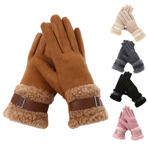 Ljudmp Womens Full Fingers Mittens Autumn Winter Double Fleece Thickened Cycling Windproof Suede Leather Buckle Winter Gloves Hand Warmers Brown