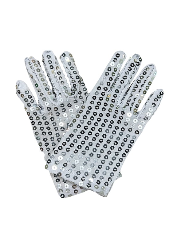 Womens Glitter Sequin Gloves Full Finger Stretch Sparkly Gloves for Party Opera Performances Costume Silver