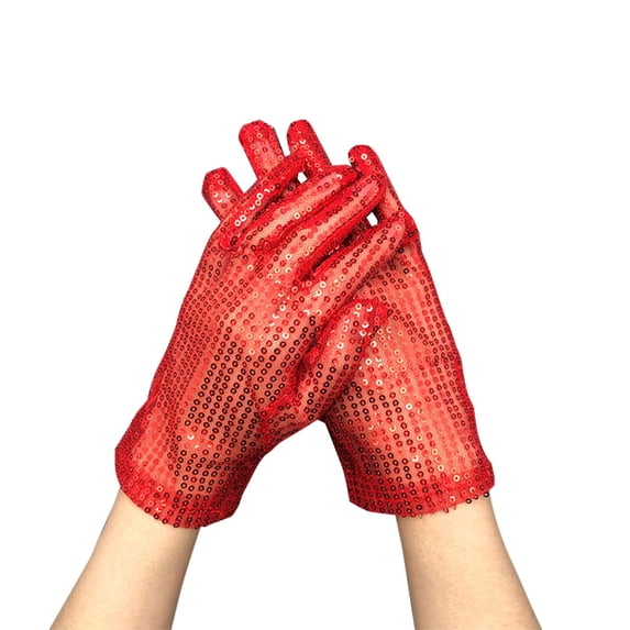 Ljudmp Womens Glitter Sequin Opera Gloves Sparkling Full Finger Formal Short Gloves for Wedding Bride Evening Party Red