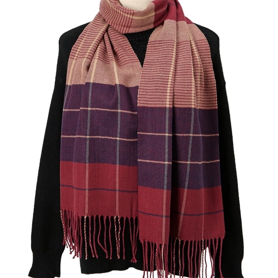Ljudmp Womens High End Scarves For Autumn Winter Fringed Plaid Scarf Warm Large Blanket Wrap Shawl Scarves Cold Proof Color Block Neck Warmer Head Scarf Wine