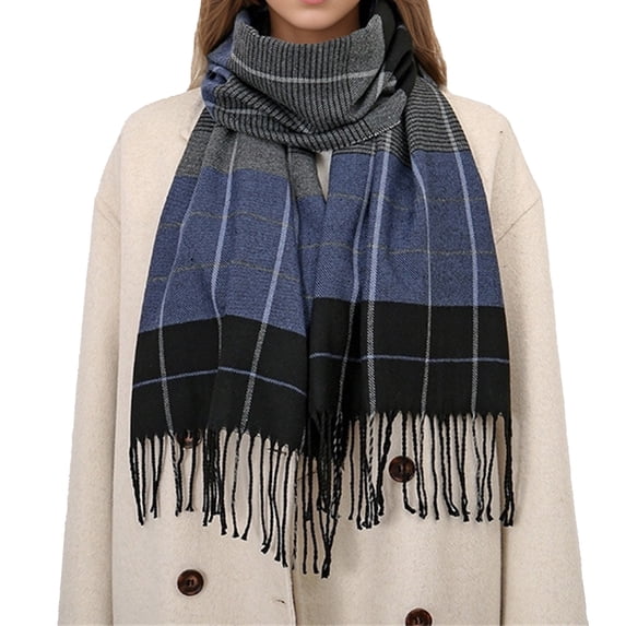 Ljudmp Womens High End Scarves For Autumn Winter Fringed Plaid Scarf Warm Large Blanket Wrap Shawl Scarves Cold Proof Color Block Neck Warmer Head Scarf Dark Blue