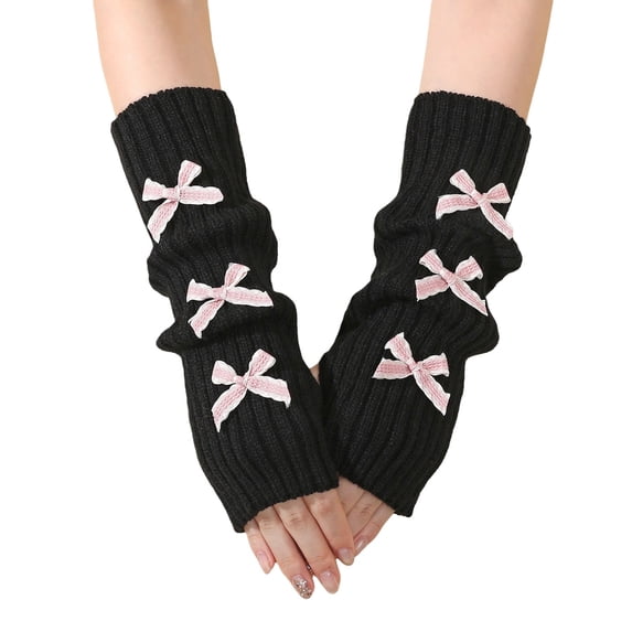 Ljudmp Womens Kawaii Wrist Warmers Winter Rib Knitted Long Sleeve Fingerless Gloves Bowknot Half Fingers Mittens Arm Warmers Black&Pink Bowknot
