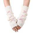 thumbnail image 1 of Ljudmp Womens Kawaii Wrist Warmers Winter Rib Knitted Long Sleeve Fingerless Gloves Bowknot Half Fingers Mittens Arm Warmers White&Pink Bowknot, 1 of 4
