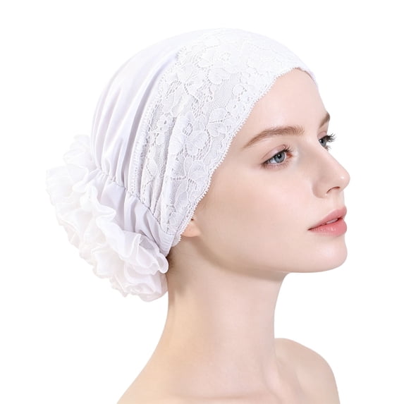 Ljudmp Womens Lace Trim Big Flower Headwrap Turban Beanie Cap for Ladies African Hijab Hair Loss Chemo Cap Bonnet Muslim Headband White