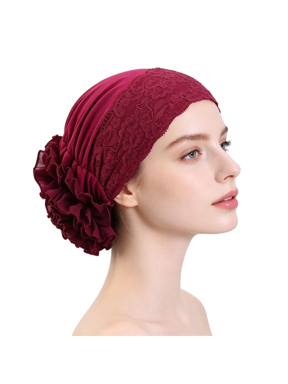 Womens Lace Trim Big Flower Headwrap Turban Beanie Cap for Ladies African Hijab Hair Loss Chemo Cap Bonnet Muslim Headband Wine