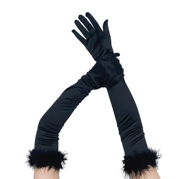 Ljudmp Womens Long Opera Party Gloves 1920s Satin Elbow Length Glove With Feather Cuff Stretchy Full Finger Gloves for Tea Party Costumes Black